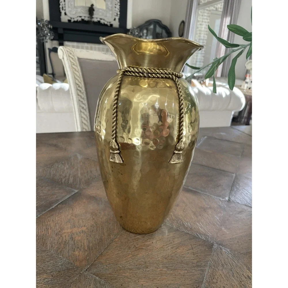 Vtg Hammered Brass Planter Urn Vase  Rope Tassel Design 10.25